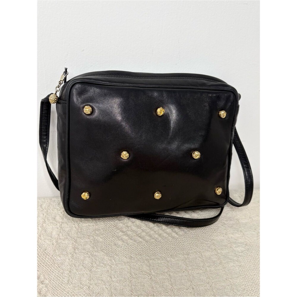 90s Vintage Lord & Taylor Italian Leather Studded Crossbody Bag Purse Black